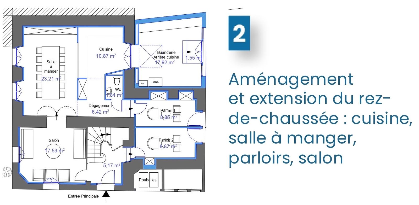 Plan 2 : aménagement et extension du rez-de-chaussée (cuisine, salle à manger, parloirs, salon).